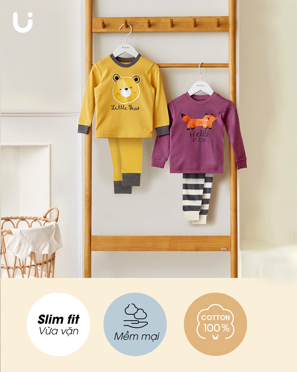 Bộ đồ dài dáng ôm cotton mịn bé trai và bé gái U1204