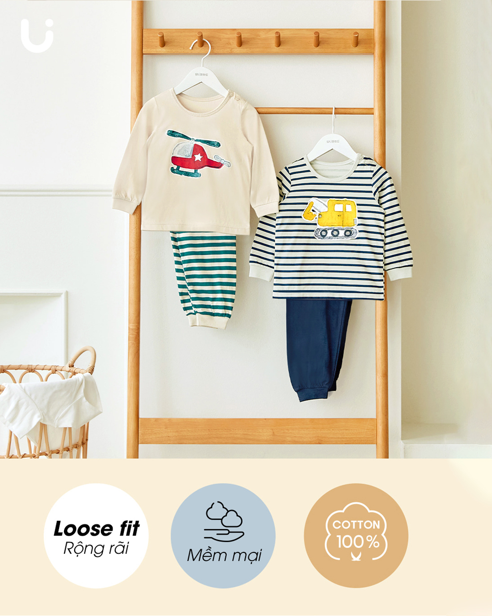 Bộ đồ dài dáng rộng cotton mịn bé trai U1185