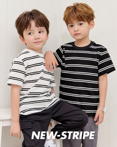 Áo thun ngắn tay kẻ sọc basic vải cotton sợi nhuộm bé trai và bé gái U900P