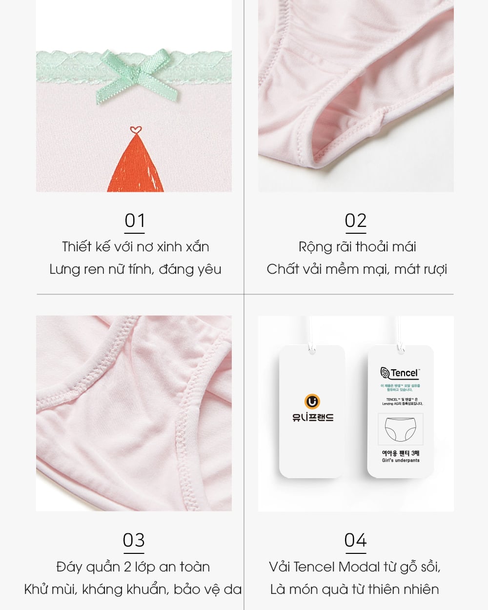 Set 3 quần chip tam giác vải Tencel siêu mềm mịn cho bé gái U6061