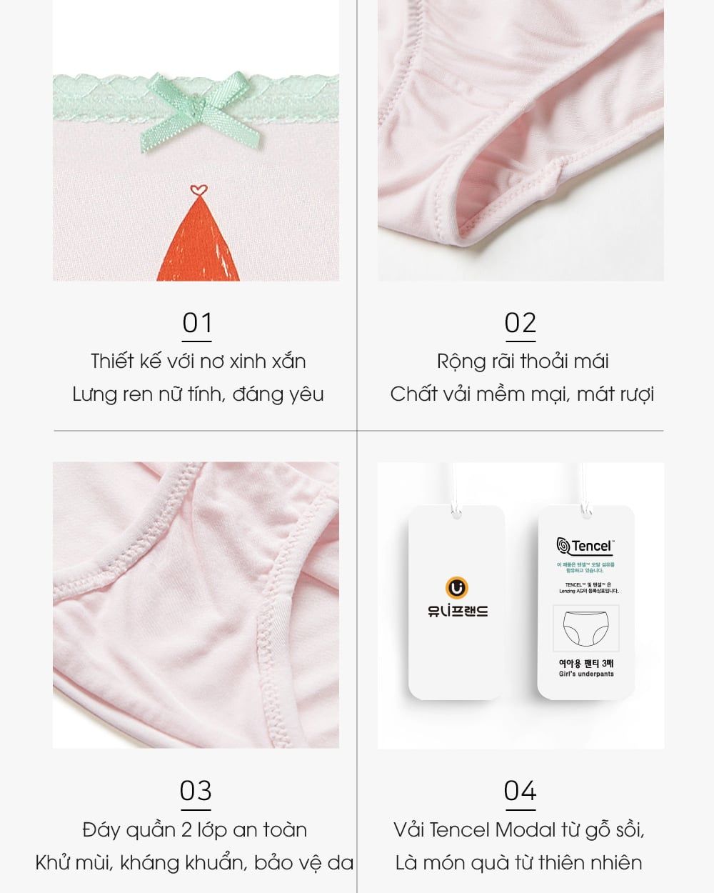 Set 3 quần chip tam giác vải Tencel siêu mềm mịn cho bé gái U6061