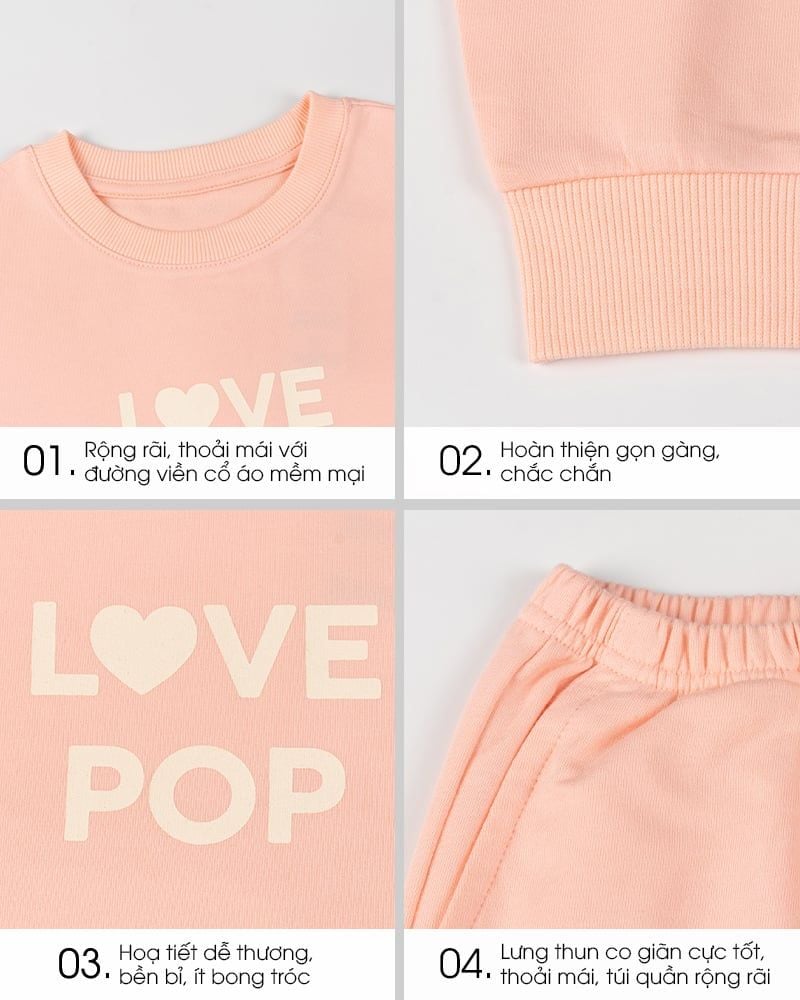 Bộ đồ dài dáng rộng vải nỉ da cá cotton bé gái U1346