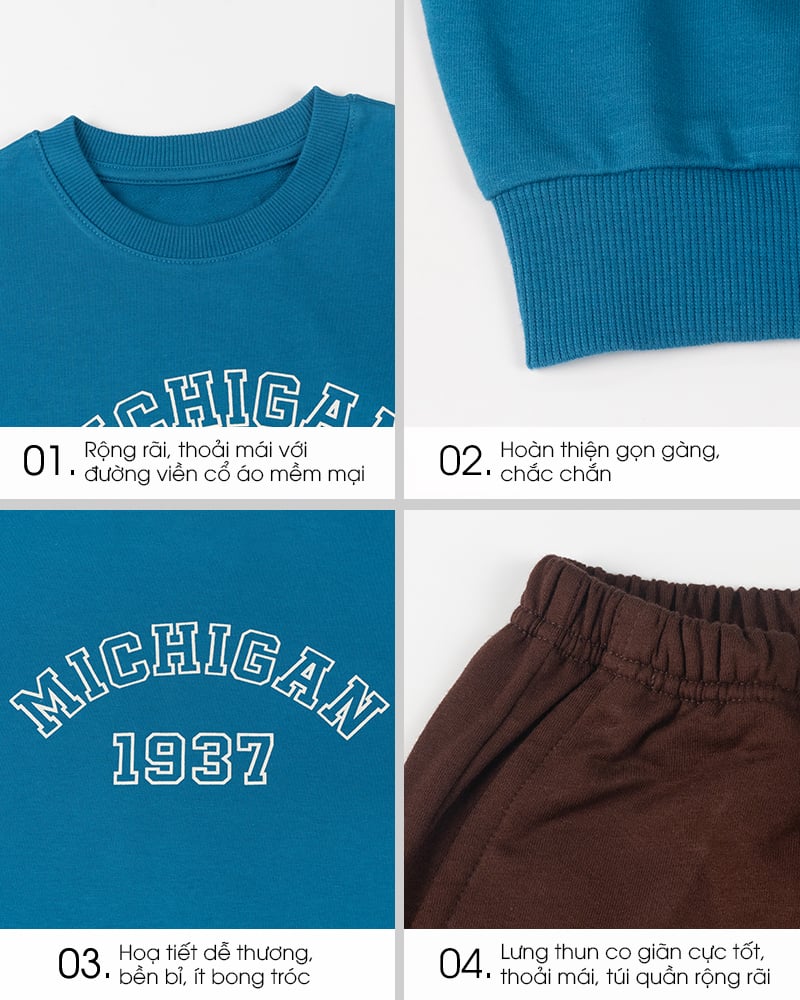 Bộ đồ dài dáng rộng vải nỉ da cá cotton bé trai và bé gái U1344