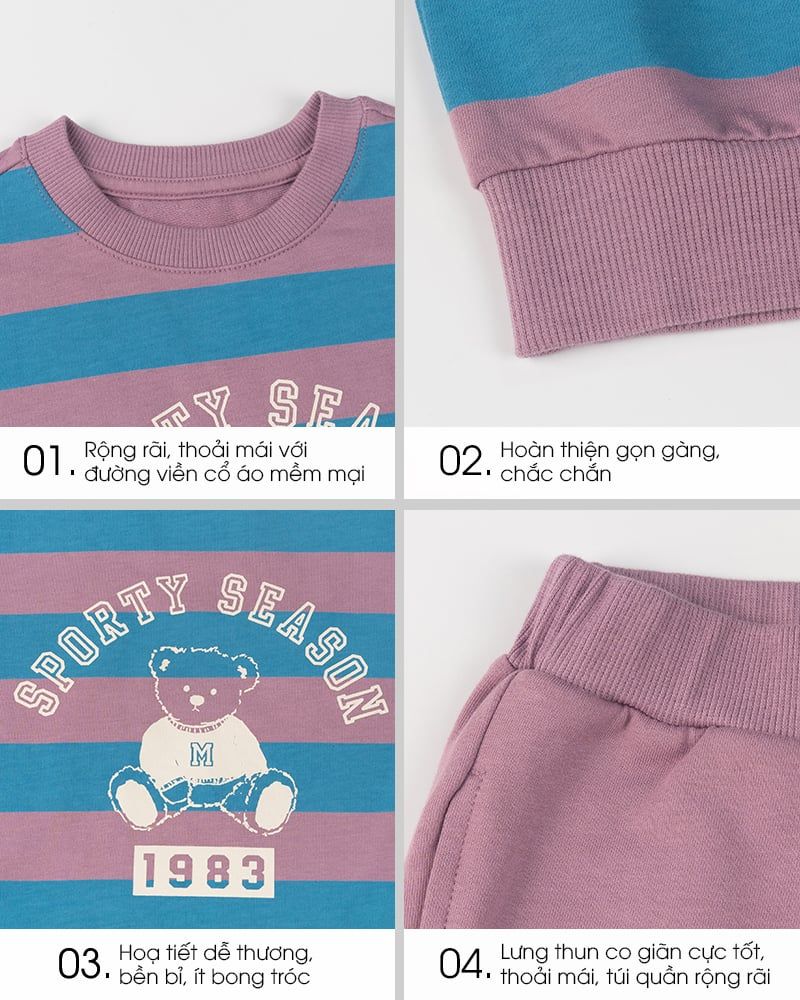Bộ đồ dài dáng rộng vải nỉ da cá cotton bé trai và bé gái U1336