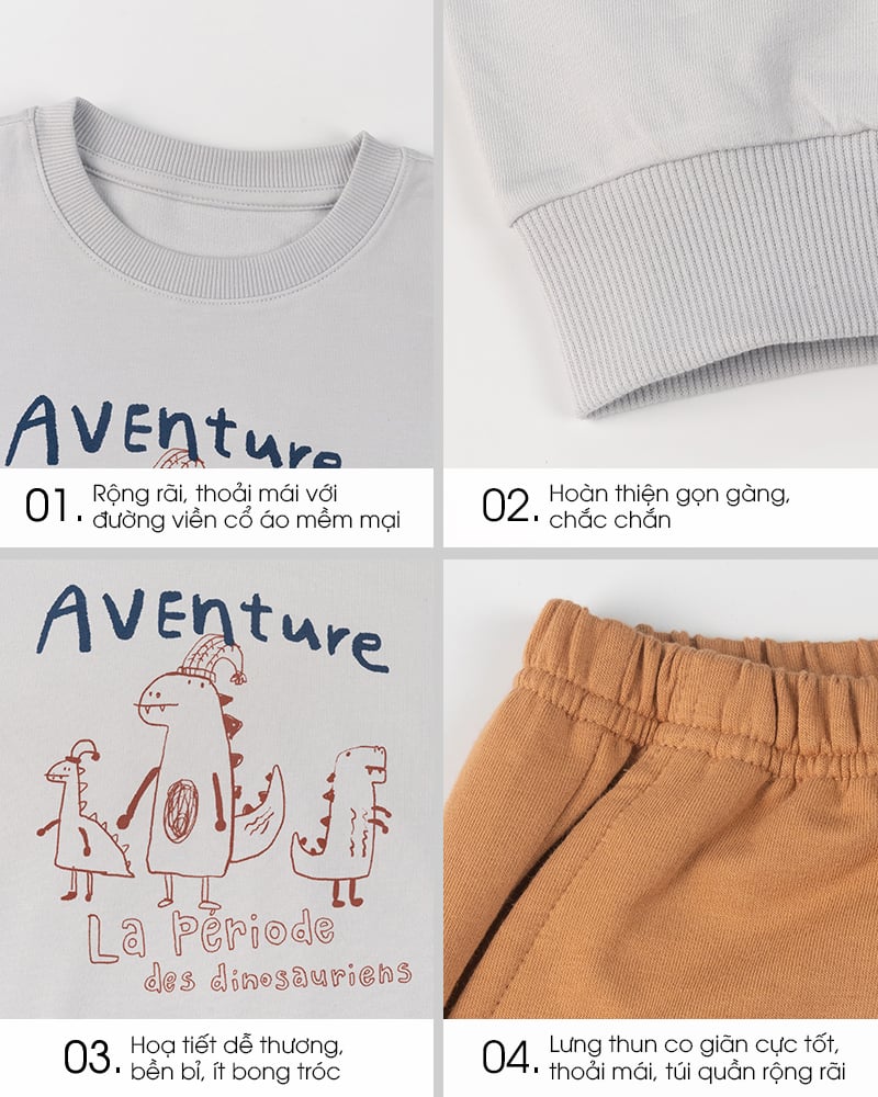 Bộ đồ dài dáng rộng vải nỉ da cá cotton bé trai U1343