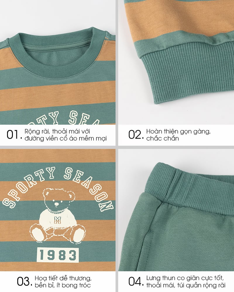 Bộ đồ dài dáng rộng vải nỉ da cá cotton bé trai và bé gái U1337