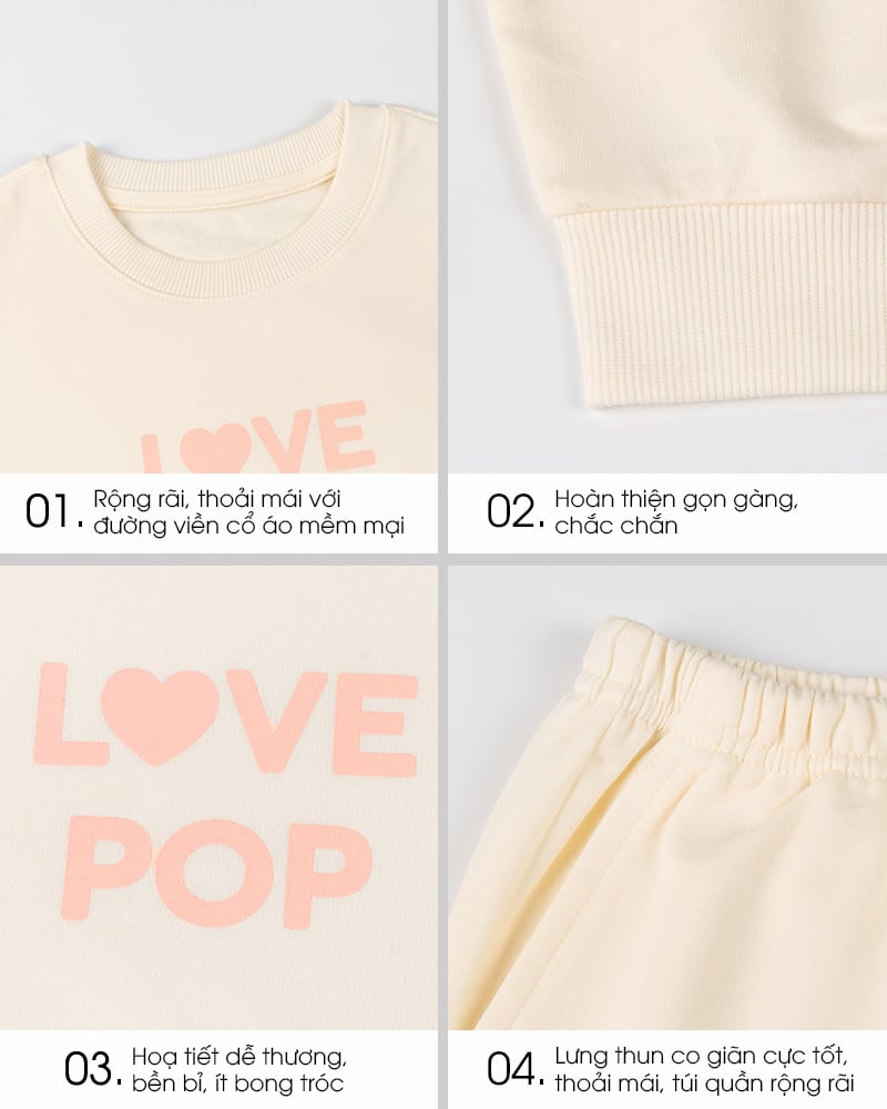 Bộ đồ dài dáng rộng vải nỉ da cá cotton bé gái U1345