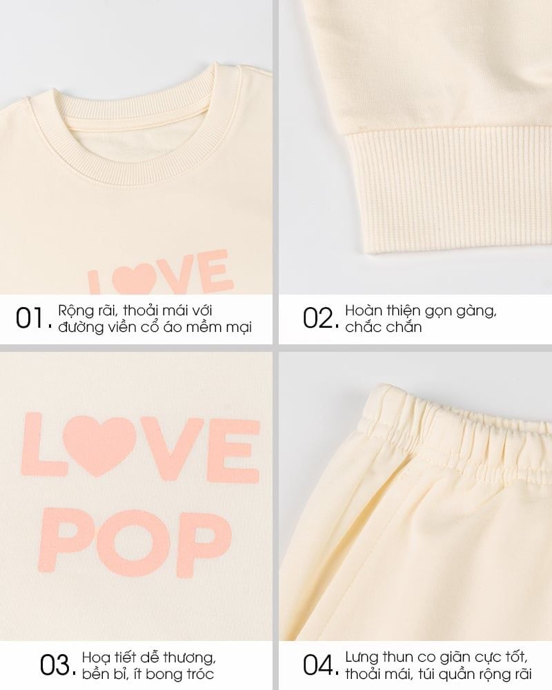 Bộ đồ dài dáng rộng vải nỉ da cá cotton bé gái U1345