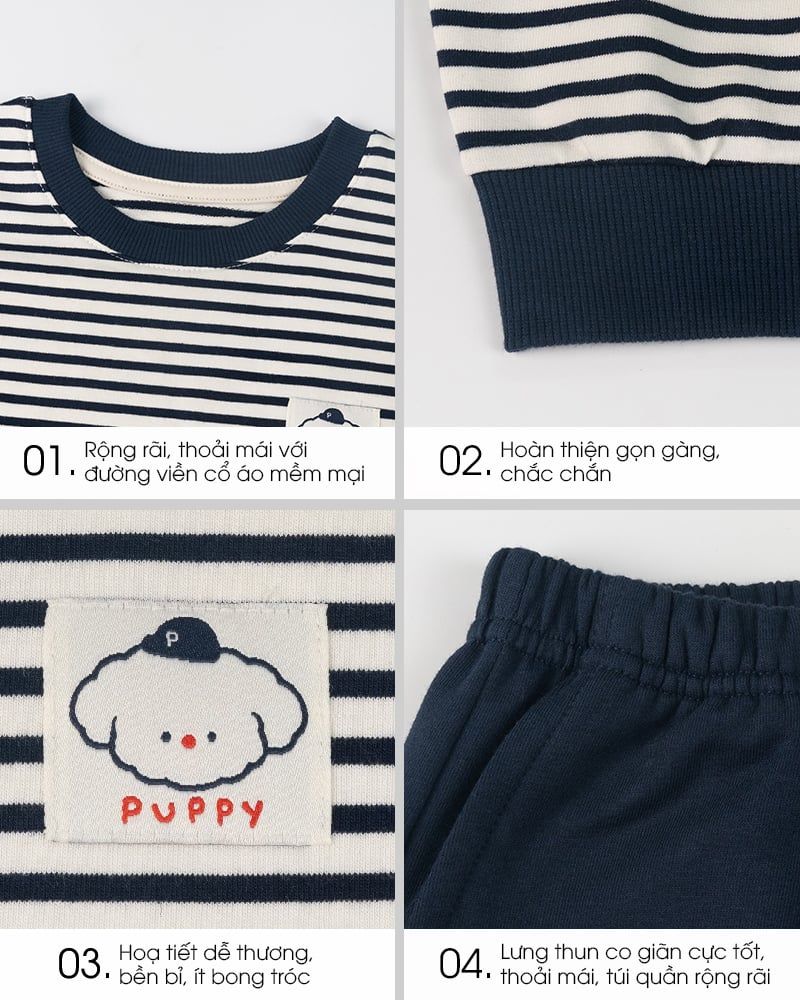 Bộ đồ dài dáng rộng vải nỉ da cá cotton bé trai và bé gái U1340