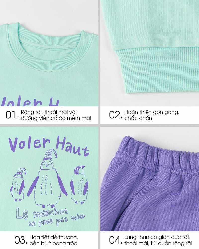 Bộ đồ dài dáng rộng vải nỉ da cá cotton bé gái U1342