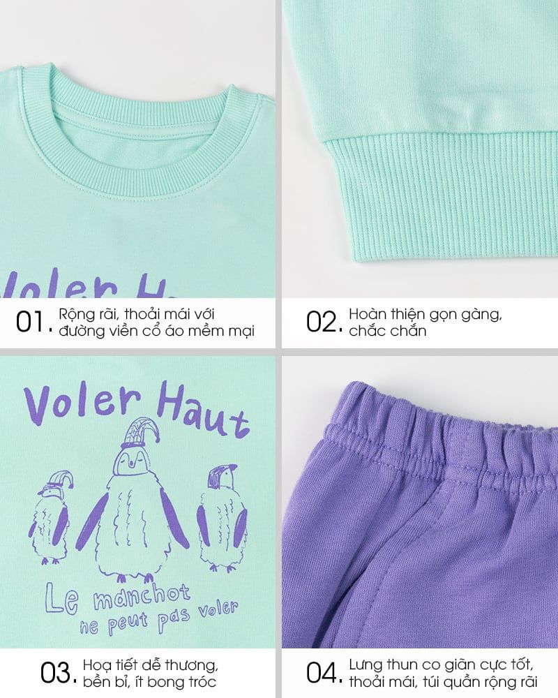 Bộ đồ dài dáng rộng vải nỉ da cá cotton bé gái U1342