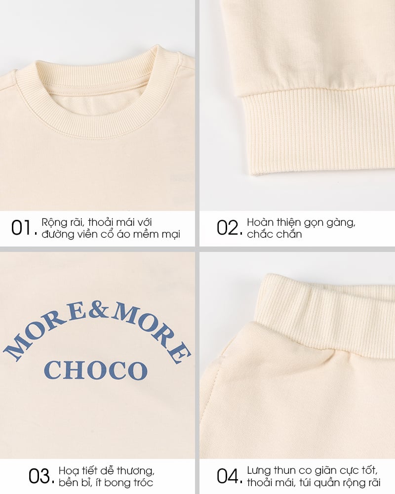 Bộ đồ dài dáng rộng vải nỉ da cá cotton bé trai và bé gái U1338