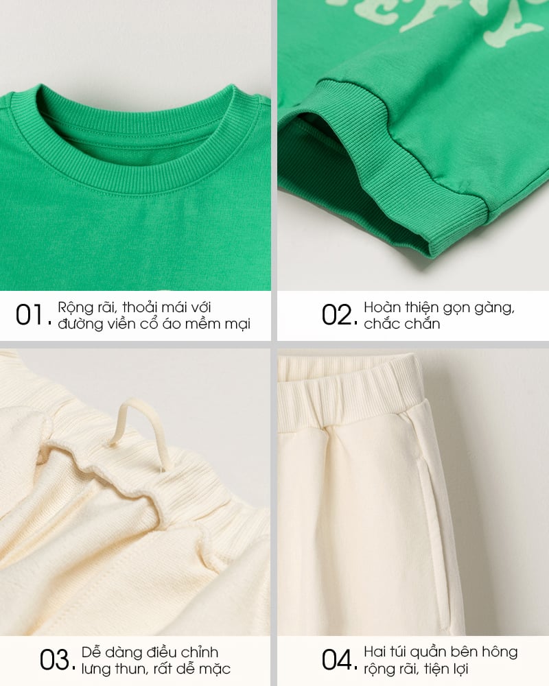 Bộ đồ dài dáng rộng cotton mịn bé trai và bé gái U1294