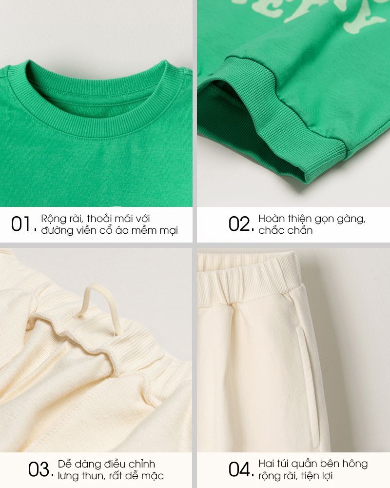 Bộ đồ dài dáng rộng cotton mịn bé trai và bé gái U1294