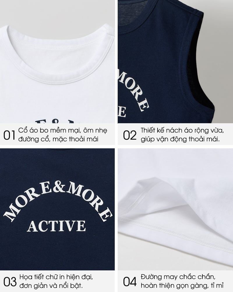 Áo ba lỗ vải cotton thoáng mát dáng suông rộng bé trai và bé gái U900S