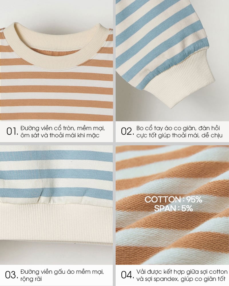 Áo sweater dài tay kẻ ngang vải cotton spandex dày vừa bé trai và bé gái U900F