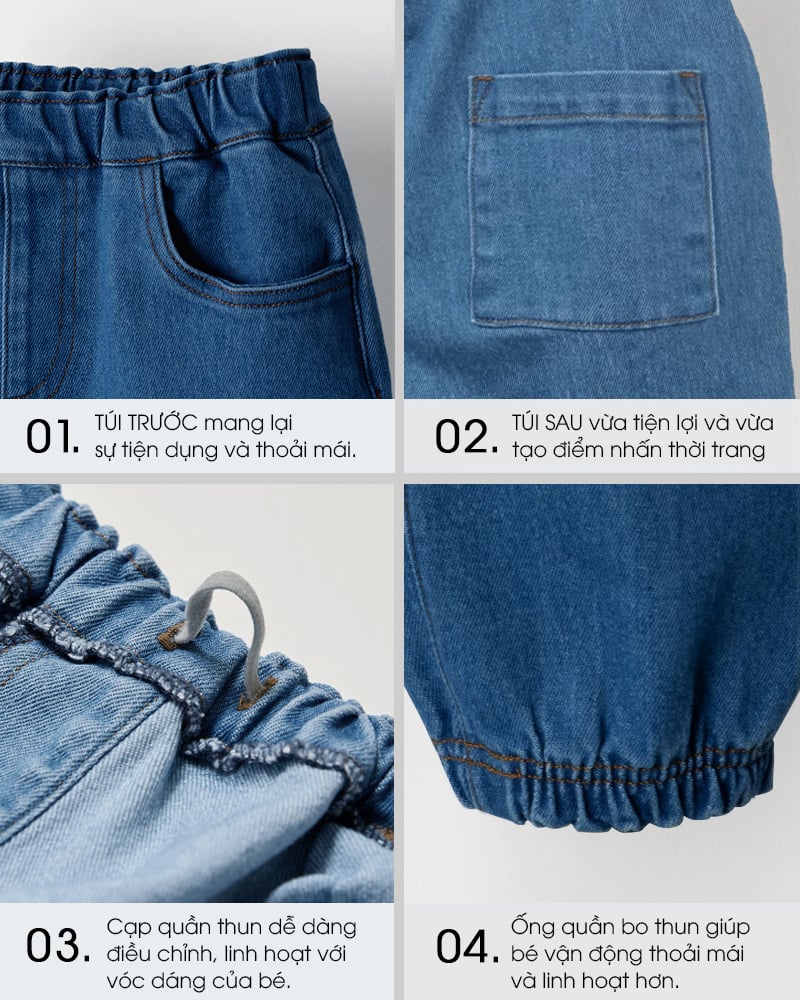 Quần jogger jean co giãn bé trai và bé gái U950K
