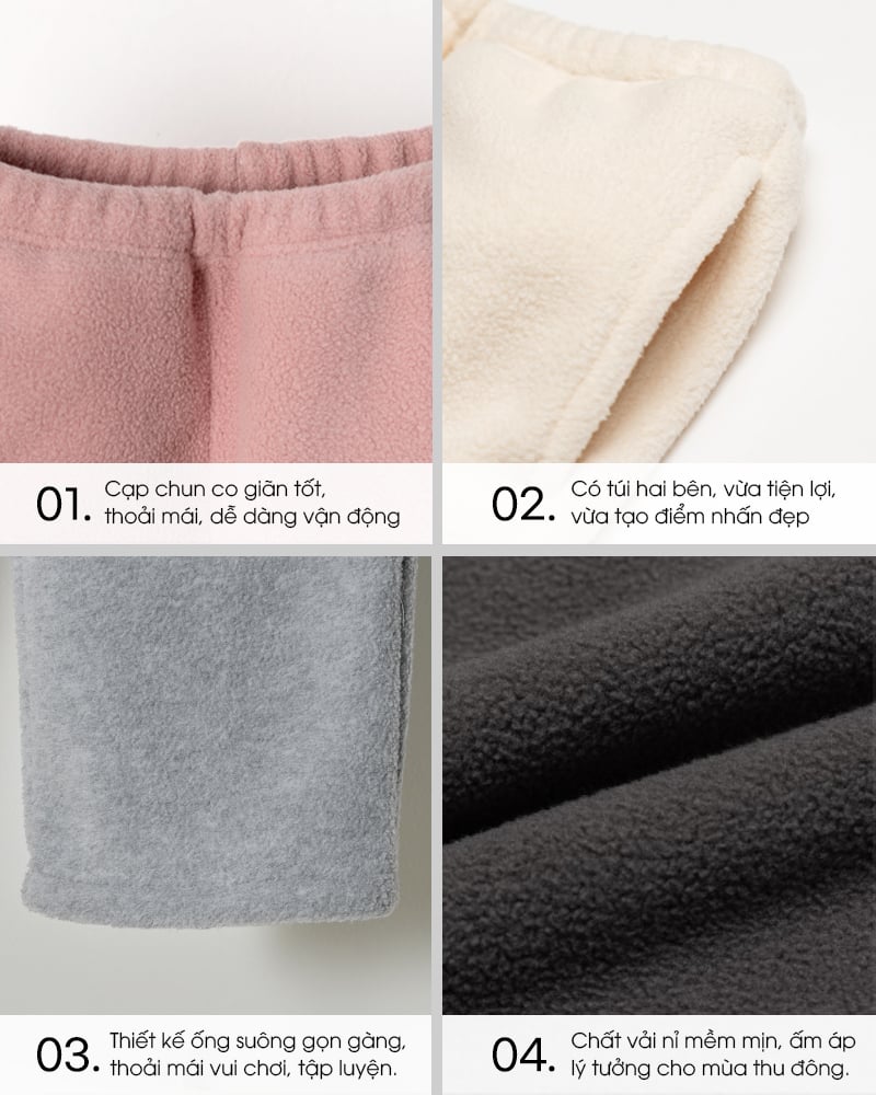 Quần dài nỉ lông cừu dày mềm mịn ấm áp ống suông bé trai và bé gái U950L