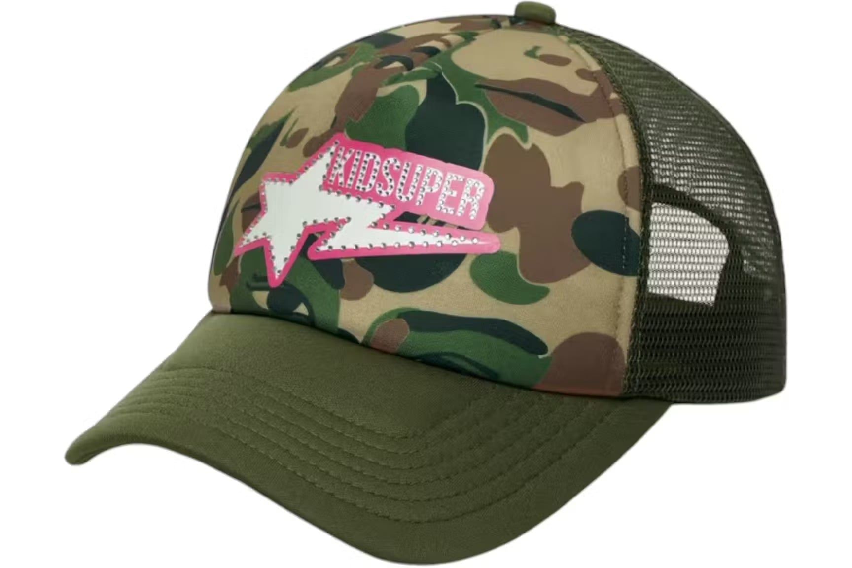  Bape x Kid Super Sta Logo Rhinestone Trucker Cap (Green) 
