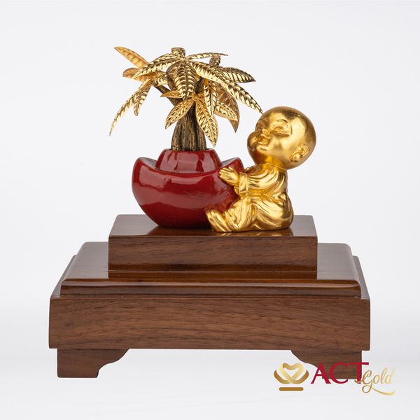Quà tặng Tượng Chú Tiểu Bên Chậu Kim Ngân dát vàng 24k ACT GOLD ISO 9001:2015