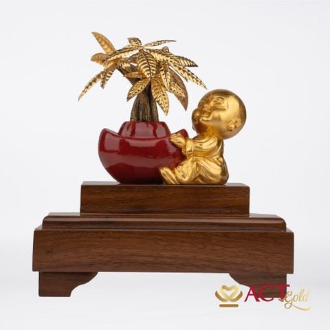 Quà tặng Tượng Chú Tiểu Bên Chậu Kim Ngân dát vàng 24k ACT GOLD ISO 9001:2015