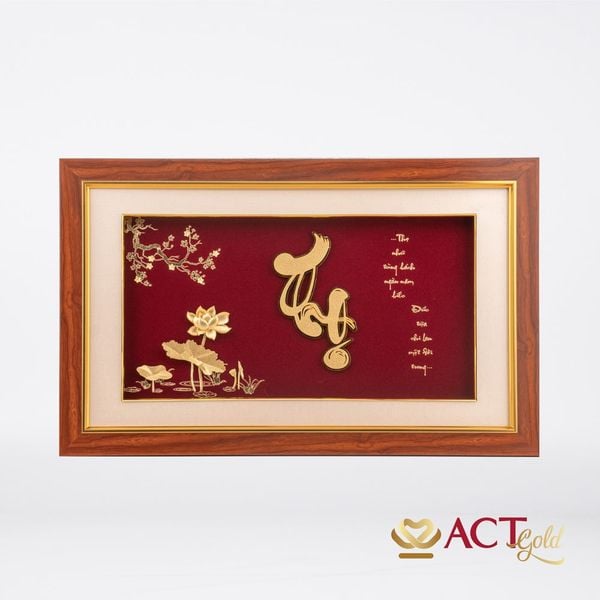 Quà tặng Tranh Chữ Thọ Hoa Sen dát vàng 24k ACT GOLD ISO 9001:2015
