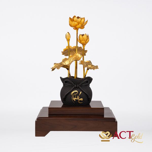Quà tặng Chậu Sen 6 Cành dát vàng 24k ACT GOLD ISO 9001:2015