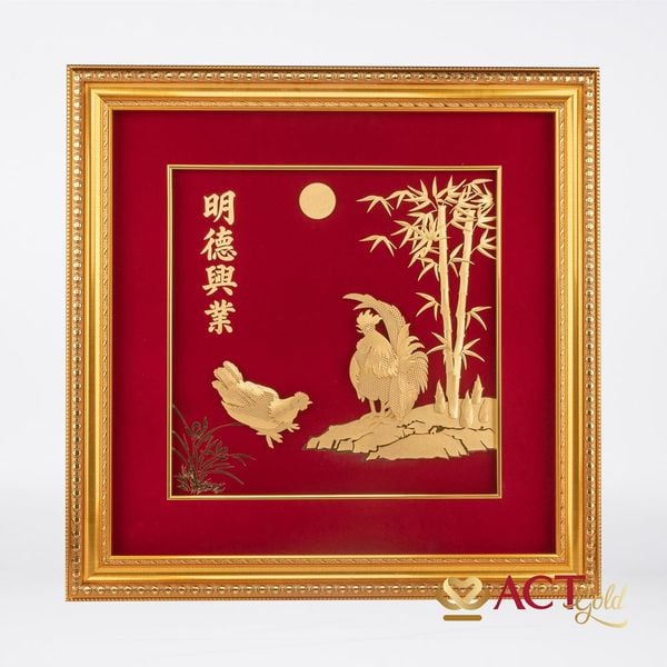 Quà tặng tranh Đôi Gà dát vàng 24k ACT GOLD ISO 9001:2015