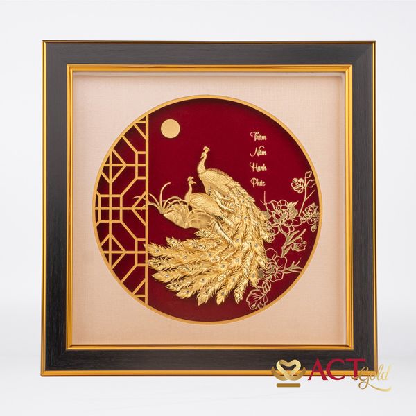 Quà tặng tranh Đôi Chim Công dát vàng 24k ACT GOLD ISO 9001:2015