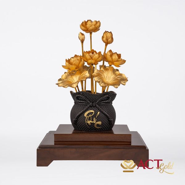 Quà tặng Chậu Sen 12 Cành Chữ Phúc dát vàng 24k ACT GOLD ISO 9001:2015