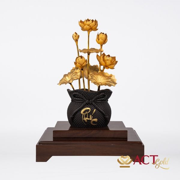 Quà tặng Chậu Sen 8 Cành Chữ Phúc dát vàng 24k ACT GOLD ISO 9001:2015