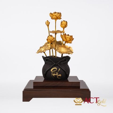 Quà tặng Chậu Sen 9 Cành Chữ Phúc dát vàng 24k ACT GOLD ISO 9001:2015