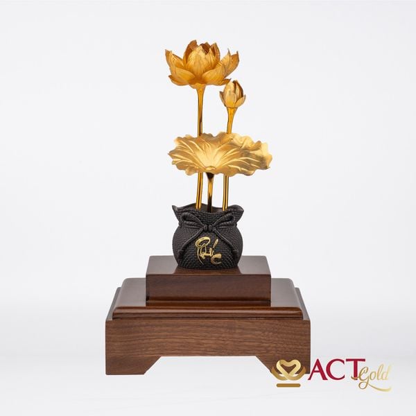 Quà tặng Chậu Sen 3 Cành dát vàng 24k ACT GOLD ISO 9001:2015(Mẫu 1)