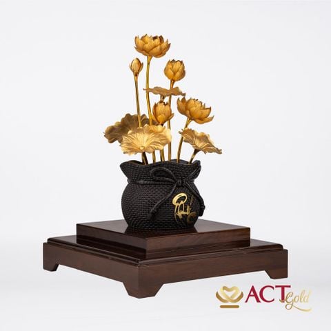Quà tặng Chậu Sen 8 Cành Chữ Phúc dát vàng 24k ACT GOLD ISO 9001:2015