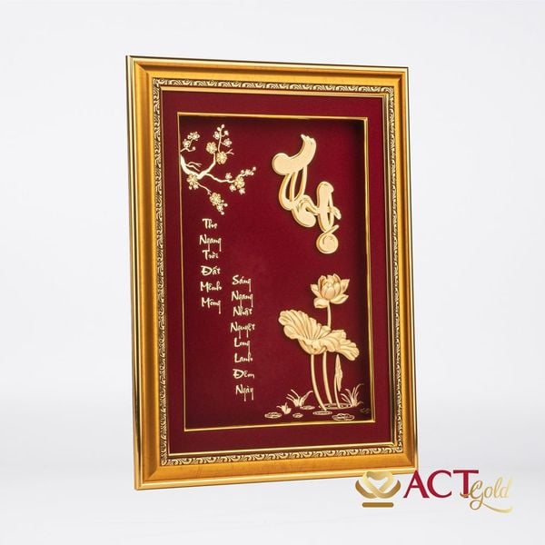 Quà tặng Tranh Chữ Thọ Hoa Sen dát vàng 24k ACT GOLD ISO 9001:2015