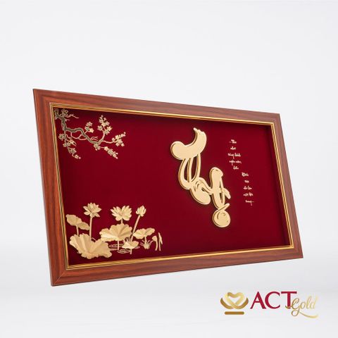 Quà tặng Tranh Chữ Thọ Hoa Sen dát vàng 24k ACT GOLD ISO 9001:2015 (Mẫu 2)