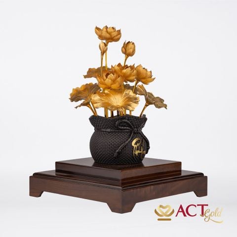 Quà tặng Chậu Sen 12 Cành Chữ Phúc dát vàng 24k ACT GOLD ISO 9001:2015
