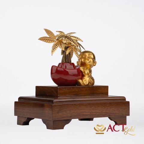 Quà tặng Tượng Chú Tiểu Bên Chậu Kim Ngân dát vàng 24k ACT GOLD ISO 9001:2015