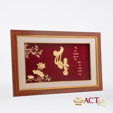 Quà tặng Tranh Chữ Thọ Hoa Sen dát vàng 24k ACT GOLD ISO 9001:2015