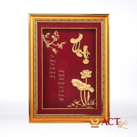 Quà tặng Tranh Chữ Thọ Hoa Sen dát vàng 24k ACT GOLD ISO 9001:2015