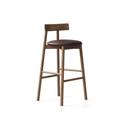 Ghế bar Runoak - Ghế cao gỗ & đệm da nâu tối giản