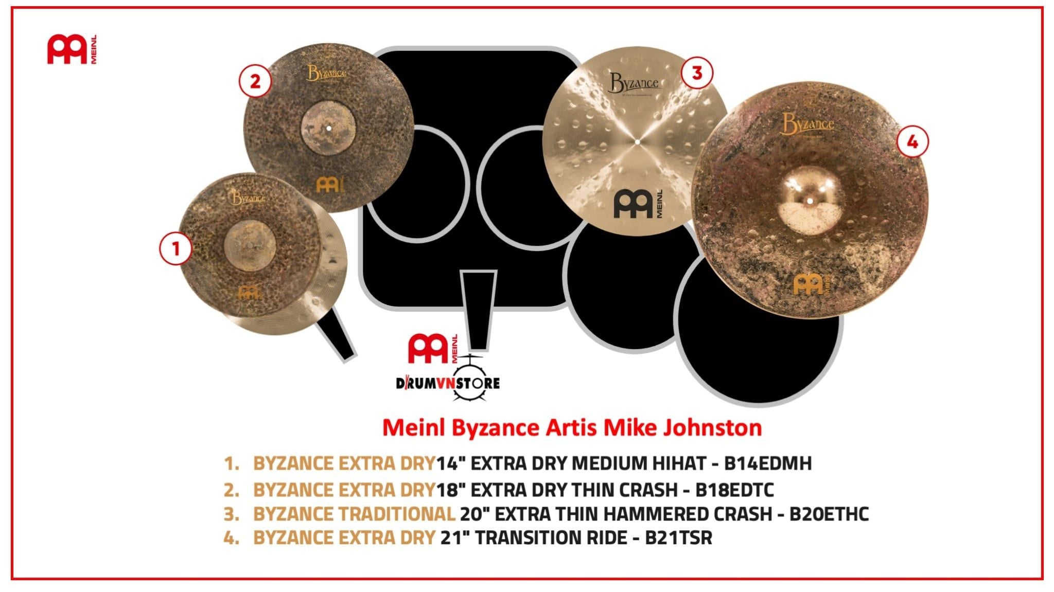  Cymbal Meinl Byzance Mike Johnston Signature Cymbal Set - MJ401+18 