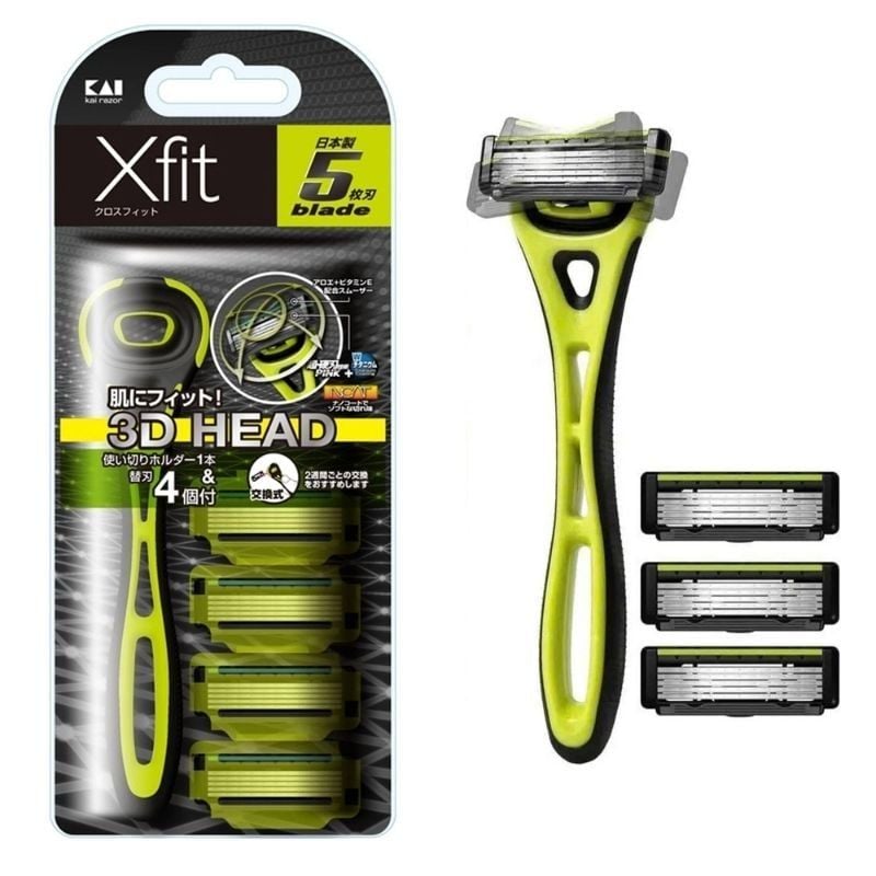 Set dao cạo râu 5 lưỡi kép KAI XFIT kèm 4 lưỡi thay thế Nhật Bản