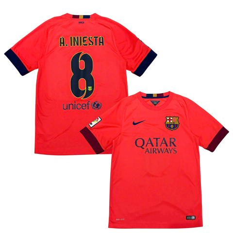 ÁO BÓNG ĐÁ BARCELONA 2014/15 SÂN KHÁCH CHÍNH HÃNG FAN + PATCH LALIGA & A.INIESTA #8