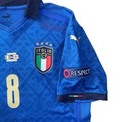 ÁO BÓNG ĐÁ ITALIA 2020/21 CHÍNH HÃNG SÂN NHÀ PLAYER - 762919-01 ( NAMESET JORGINHO-8, PATCH EURO + RESCPECT, MATCH DETAILS CHUNG KẾT EURO 2021 ,ÁO BỊ BẠC MÀU 1 SỐ CHỖ NHƯ TRÊN HÌNH, 8/10)