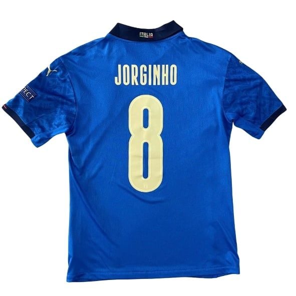 ÁO BÓNG ĐÁ ITALIA 2020/21 CHÍNH HÃNG SÂN NHÀ PLAYER - 762919-01 ( NAMESET JORGINHO-8, PATCH EURO + RESCPECT, MATCH DETAILS CHUNG KẾT EURO 2021 ,ÁO BỊ BẠC MÀU 1 SỐ CHỖ NHƯ TRÊN HÌNH, 8/10)