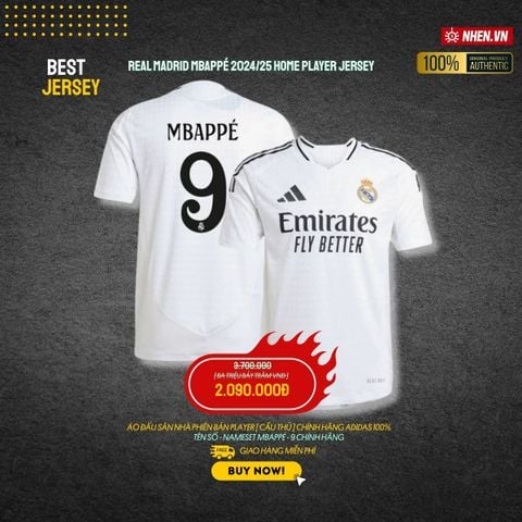 ÁO BÓNG ĐÁ REAL MADRID 2024/25 SÂN NHÀ CHÍNH HÃNG PLAYER MBAPPÉ #9 - IX8095