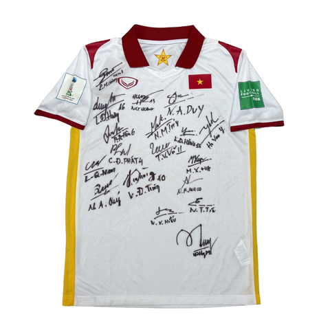 ÁO BÓNG ĐÁ VIỆT NAM 2021 SÂN KHÁCH CHÍNH HÃNG PLAYER + PATCH FIFA FUTSAL WORLD CUP LITHUANIA 2021 + CHỮ KÍ CẦU THỦ