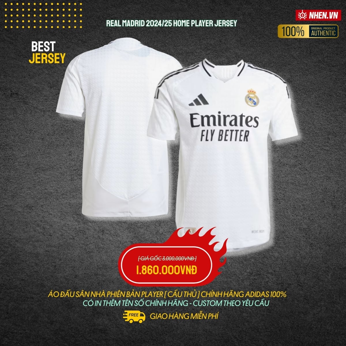 ÁO BÓNG ĐÁ REAL MADRID 2024/25 CHÍNH HÃNG SÂN NHÀ BẢN PLAYER -  IX8095