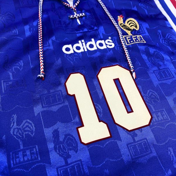 ÁO BÓNG ĐÁ ĐỘI TUYỂN PHÁP 1996/97 CHÍNH HÃNG SÂN NHÀ PLAYER-- NAMESET ZIDANE #10 + PATCH EURO 1996